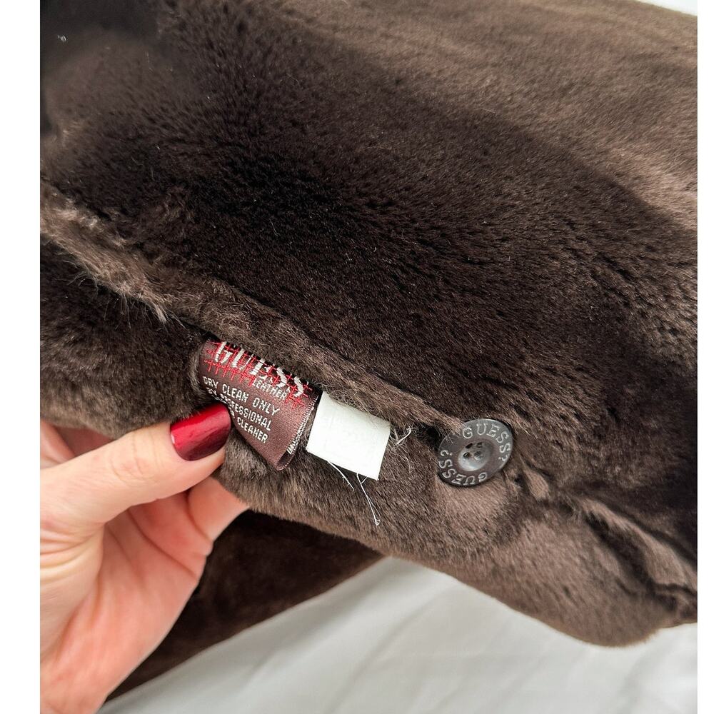 Vintage 90s 00s Guess Chocolate Brown Suede Leather Faux Fur Winter Coat large - Picture 7 of 7